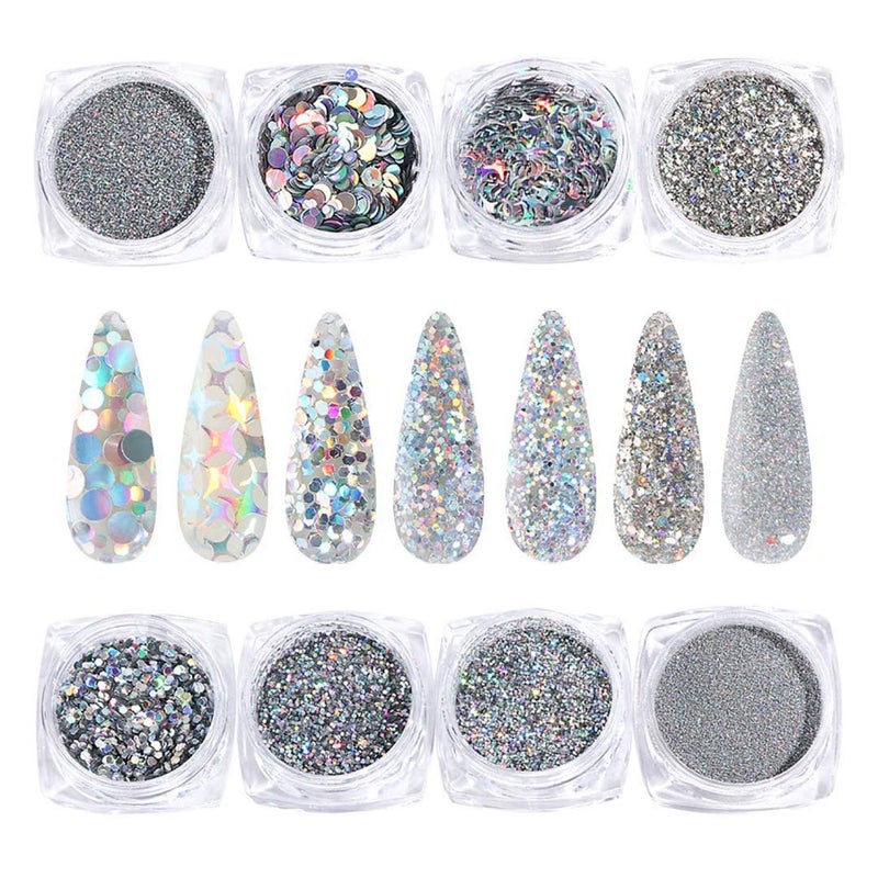 GOGOONLY Holo Nail Art Sequins Glitter Kits 8 Cases Holographic Nails Powder Nail Art Sequins Metallic Shining Flakes Silver Nail Glitter Set for Nails Art Decoration  BH000967